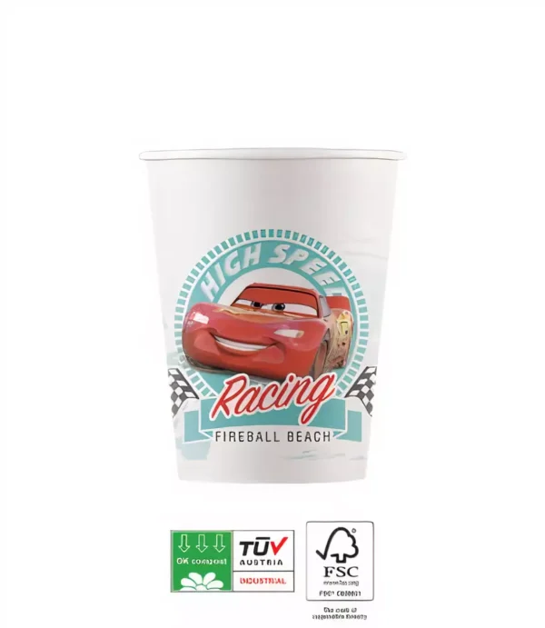 High speed racing cup with Lightning McQueen from Cars, perfect for kids' themed birthday parties and events, durable and eco-friendly material, ideal for celebrating birthdays and special occasions.