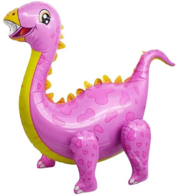Виетнамски балон фигура на динозавър с розов цвят и жълти детайли, подходящ за детски партита и забавления, налични в Party Deluxe.