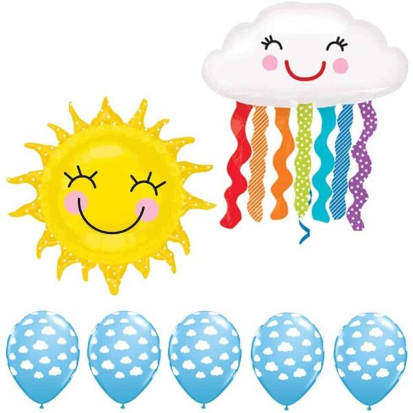 Ярки парти декорации със забавни слънце, облак и балони за детска празнична атмосфера. Отличен избор за рождени дни и специални събития.