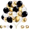 Ргафи балони в злато, черно, бяло и прозрачни с блестящи конфети, за празнична украса и специални събития върху бяла основа.
