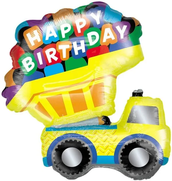 Цветна балон за рожден ден с надпис "HAPPY BIRTHDAY" върху камион на парти, перфектен за празненства и събития.
