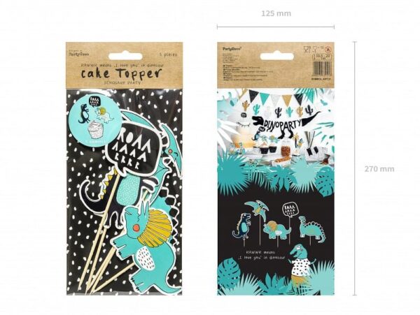 Жълт и син украшение за торта с динозавърски мотиви и приказни елементи за детски партита, с израз "RAW WR означава обичам те" и весел дизайн за тематични празненства.