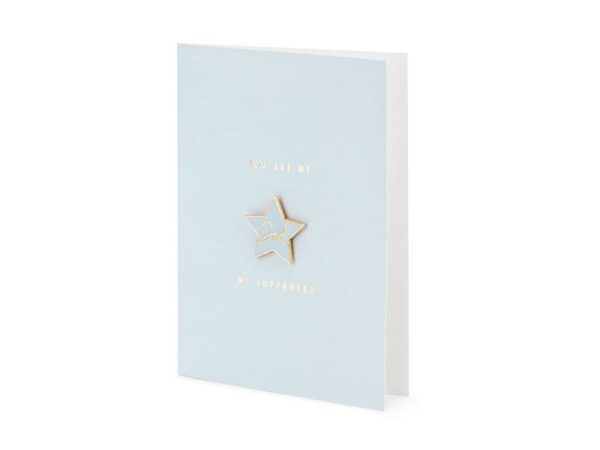 Бяла празнична картичка с метален звезден орнаментик и надпис "You are my dad, my superhero" за специални моменти.