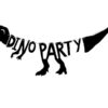 Динозавър с банер "DINO PARTY" за детски и тематични партита, декор и забавление.