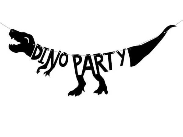 Динозавър с банер "DINO PARTY" за детски и тематични партита, декор и забавление.