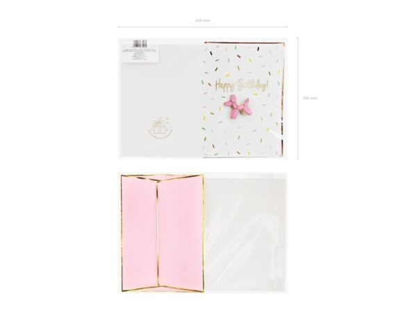 Хартиена картичка за рожден ден с розов балон и конфети, перфектна за празнуване и поздрави.