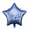 Блестяща синия балонирана звезда със съобщение "Happy Birthday" за рожден ден, подходяща за празнична украса и събития.