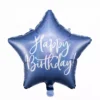 Блестяща синия балонирана звезда със съобщение "Happy Birthday" за рожден ден, подходяща за празнична украса и събития.