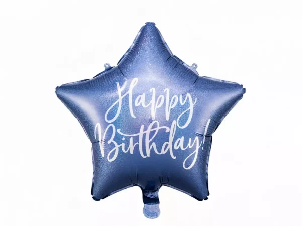 Блестяща синия балонирана звезда със съобщение "Happy Birthday" за рожден ден, подходяща за празнична украса и събития.