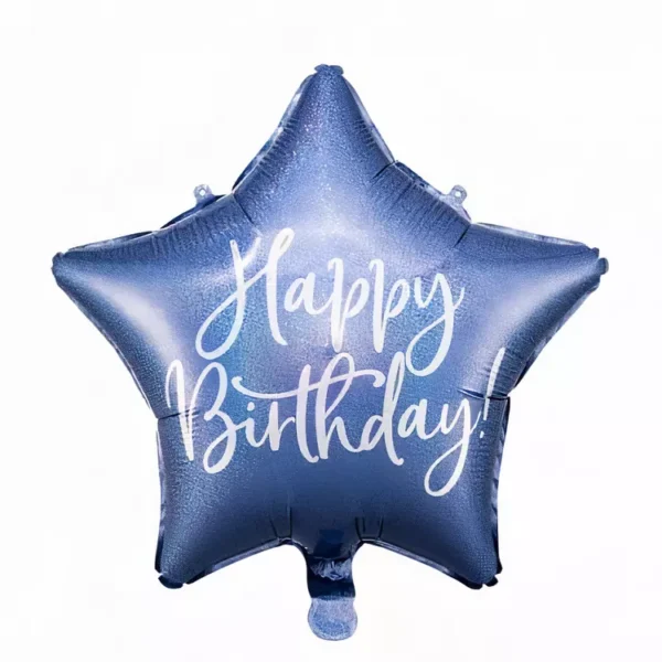 Блестяща синия балонирана звезда със съобщение "Happy Birthday" за рожден ден, подходяща за празнична украса и събития.