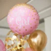 Розов балон с надпис "It's a Girl" за бебешка празнична украса, сватба или рожден ден, с златни точки и празнична атмосфера.