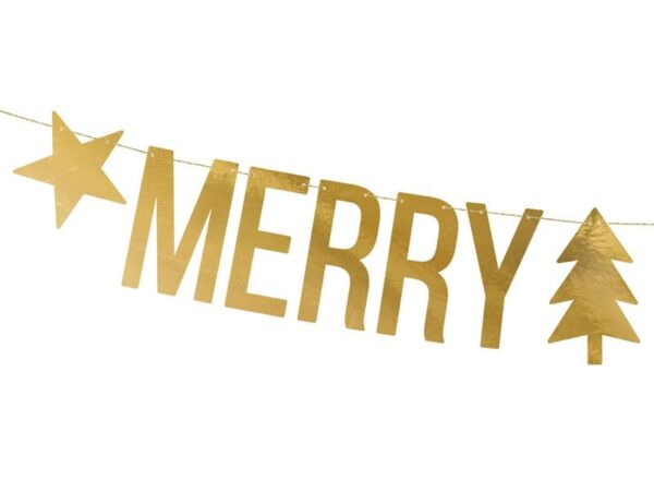Златна празнична гирлянда с надпис "MERRY", с фигури звезда и коледно дърво, подходяща за Коледни и новогодишни празници, декорация за партита и събития.