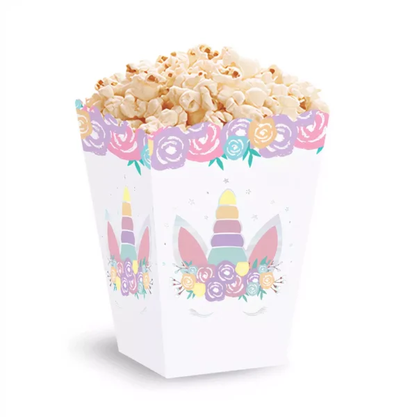 Popcorn в кутия с еднорог и цветя, празнична украса за детско парти, декорация за рожден ден, тематична опаковка за сладки изкушения, Party Deluxe.
