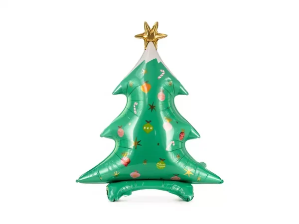 Балонна декорация на коледно дърво с Merry Christmas, празнични орнаменти и златна звезда върху върха, подходящ за празнична украса и тематични събития.