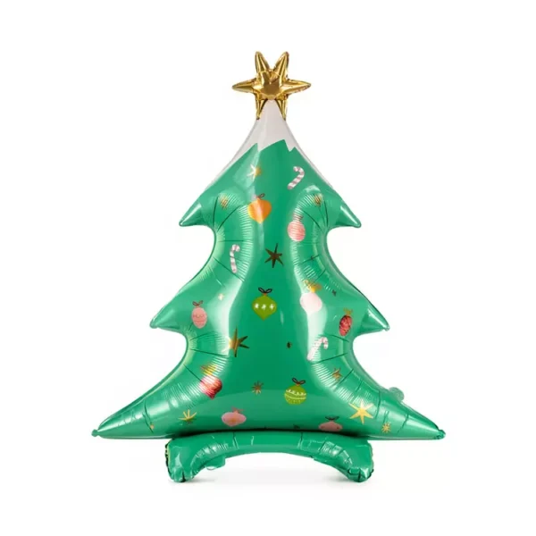 Балонна декорация на коледно дърво с Merry Christmas, празнични орнаменти и златна звезда върху върха, подходящ за празнична украса и тематични събития.