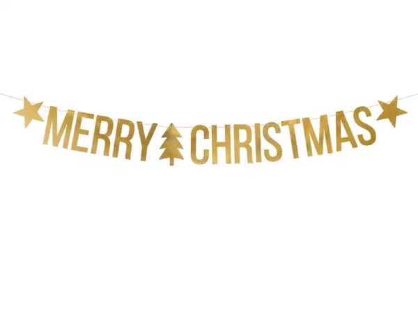 Златна коледна гирлянда с надпис "МЕРРИ CHRISTMAS", подходяща за празнична украса.