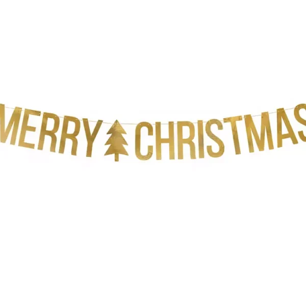 Златна коледна гирлянда с надпис "МЕРРИ CHRISTMAS", подходяща за празнична украса.