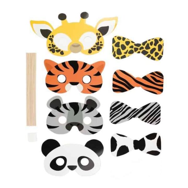 Цветни хартиени маски с животински мотиви за детски партита и забавления, включително лъв, тигър, зебра и панда, подходящи за декорация и игри.