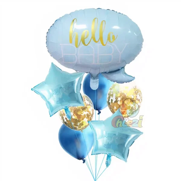 Реалистични балони за бебешко парти, "hello baby" с бели, златисти и светлосини елементи, подходящи за декорация при посрещане на новородено или бебешко парти.