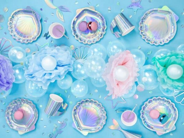 Air freshener, pastel-colored party decorations, paper flowers, balloons, and confetti for celebration or birthday parties.