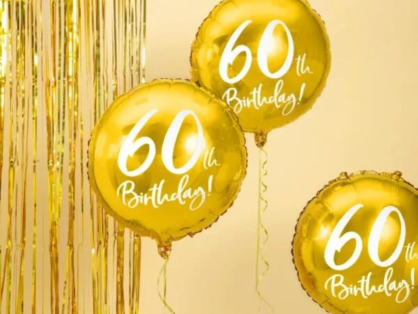 Златисти балони за 60-ия рожден ден, перфектни за празненство, декорации за рожден ден, парти украса, тържествена атмосфера, празнична декорация, идеи за юбилей, парти елементи.