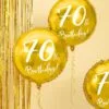 Летящи златни балони с надпис "70th Birthday!", златни партиитчни ленти за рожден ден, парти декорация за 70-годишнина, празнична украса за юбилейна партия.