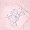 Декоративна картичка с надпис "Честит М birthday" за празнични събития, със светли цветове и тематични елементи за рожден ден.