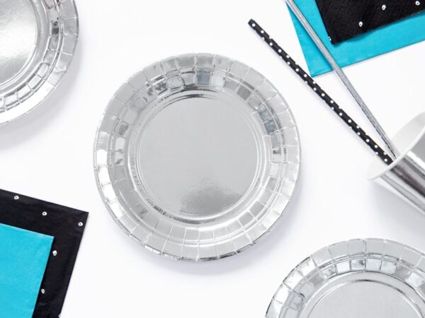 сребристи хартиени чиний за парти, празнични и събитийни декорации, пластмасови плаки, принадлежности за рожден ден и тържества, Party Deluxe.