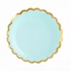 Зелен disposable paper plate with gold border for party celebrations, suitable for birthday, wedding, and festive events.