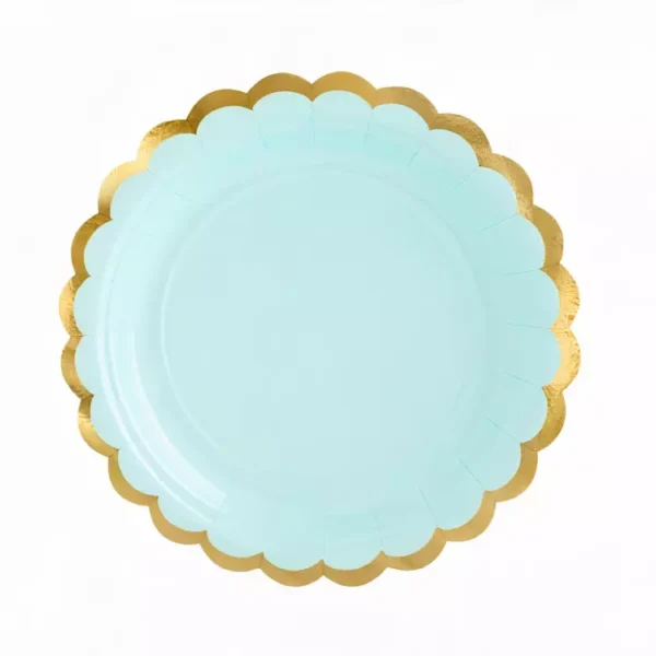 Зелен disposable paper plate with gold border for party celebrations, suitable for birthday, wedding, and festive events.