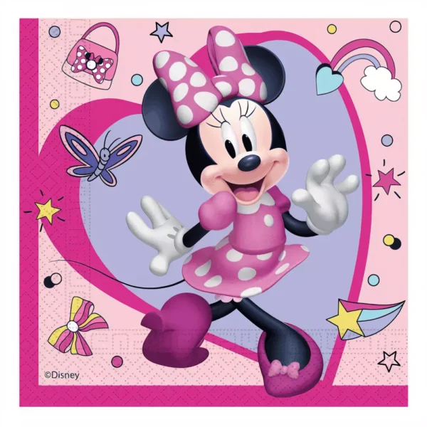 Голяма илюстрация на Minnie Mouse с ярки цветове и забавни украшения, подходяща за парти тема.