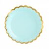 Зелен disposable paper plate with gold border for party celebrations, suitable for birthday, wedding, and festive events.