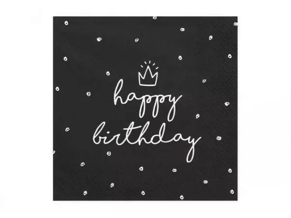 Цвят на фон: черен, с бяла надпис "Happy Birthday" и малко графично коронче, перфектна за тематични празнични декорации и торти.