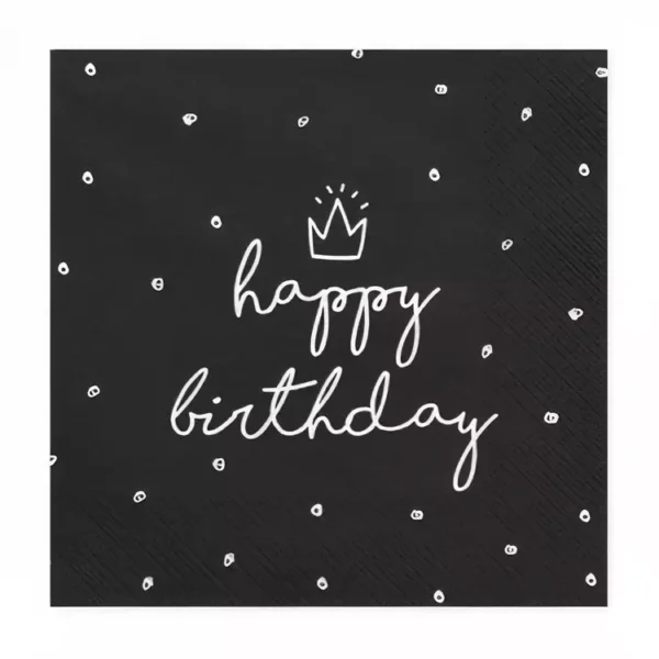 Цвят на фон: черен, с бяла надпис "Happy Birthday" и малко графично коронче, перфектна за тематични празнични декорации и торти.