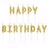 Златни балони за рожден ден, оформени като думите "Happy Birthday" за празнична украса и веселие.