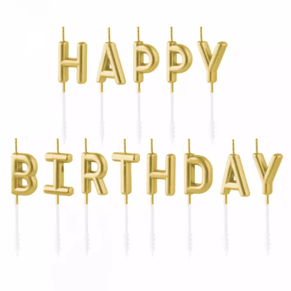 Златни балони за рожден ден, оформени като думите "Happy Birthday" за празнична украса и веселие.