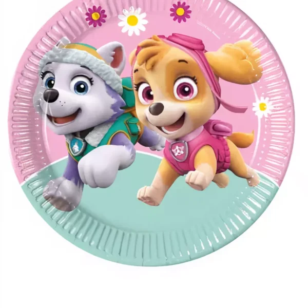 Цветна хартиена чинийка с героите от Paw Patrol, идеална за детски партита и празненства, хармонично съчетание на ярки цветове и забавен дизайн.