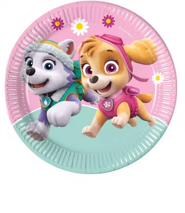 Цветна хартиена чинийка с героите от Paw Patrol, идеална за детски партита и празненства, хармонично съчетание на ярки цветове и забавен дизайн.