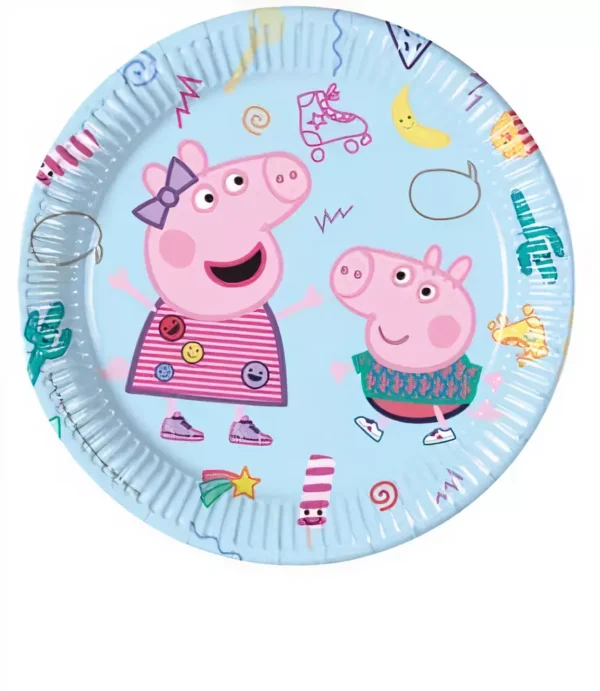 Родно детско хартиено плато с героите Моджипес от Peppa Pig, подходящо за тематични детски партита, рождени дни и празници. Осигурява весел и цветен акцент за празничната маса.