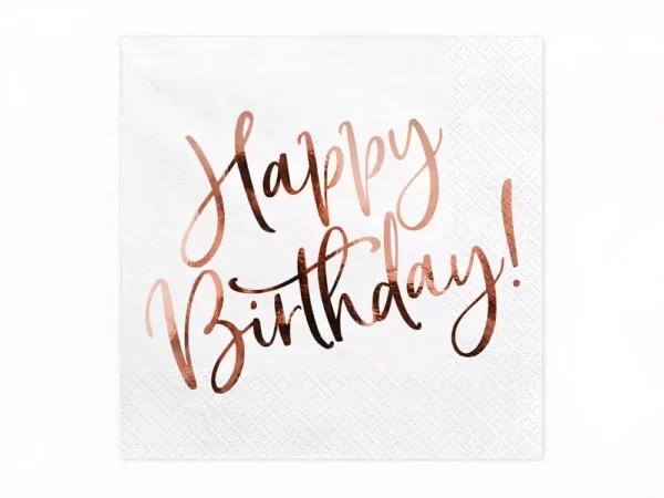 Хартиена кърпа за рожден ден, с надпис "Happy Birthday" в розово-златист цвят.