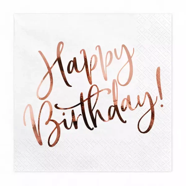 Хартиена кърпа за рожден ден, с надпис "Happy Birthday" в розово-златист цвят.
