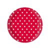 Широка червена хартиена подложка за сервиране с бели точки, подходяща за партита и събития.