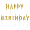 Златни балони за рожден ден, оформени като думите "Happy Birthday" за празнична украса и веселие.