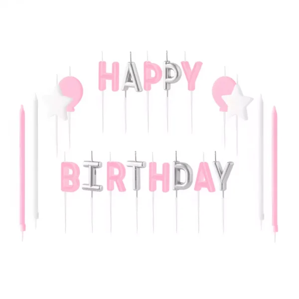 Хартиени свещи и балони за рожден ден с надпис "Happy Birthday", подходящи за празнуващи рожден ден, декорация за партита и специални събития.