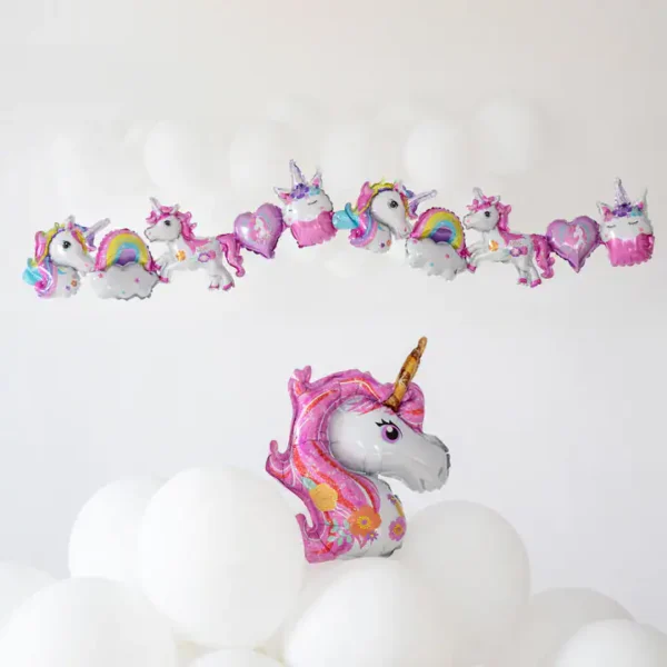 Ballooned unicorn party decorations, unicorn balloons, celebration, party decor, kids birthday, helium balloons, unicorn theme party, festivity, colorful designs, party supplies, Party Deluxe.