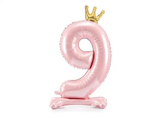 0. balloon number 9 with golden crown, pink foil balloon, birthday celebration decorative item.