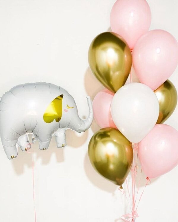 Летящ слон балон с розови и златисти балони за детско парти, украса за рожден ден, празнична украса, balloon decoration for kids party, Party Deluxe София, България.