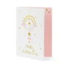 Ръчно изработена поздравителна картичка за рожден повод с мечтаеща облачна луна и дъга за малки деца, предназначена за създаване на специална атмосфера на празника.