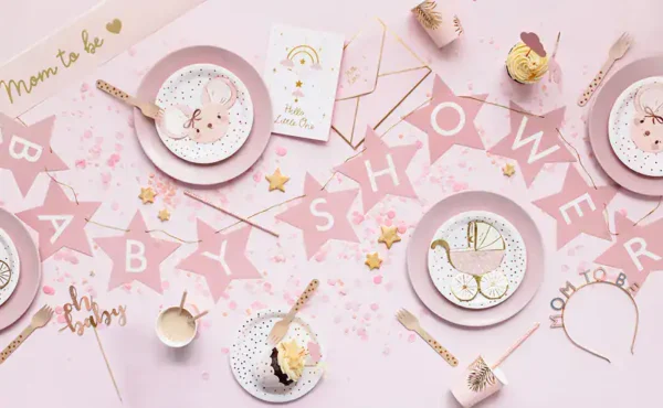 розово бебешка парти украса с бебешки кърпички, памучен биберон и сладки десерти, подходяща за детски рожден ден или парти за новородено бабата и мама, подходящи за бебешки парти или посрещане на новородено.