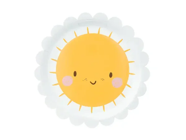 Жълто слънце с усмивка, симпатично лице и розови бузи, подходящо за детски празници и украса за партита.